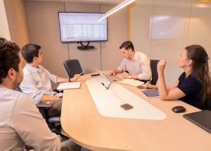 Businessman on a video call viewing a chart on a large screen at a conference table